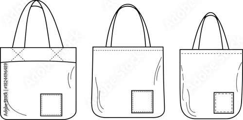 Cad drawing flat vector illustration, tote bags in assorted styles, fashion sketch, garment template, handle and stitching design