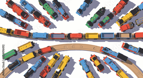 Overhead view of a single toy train on a track surrounded by a large group of other colorful trains.