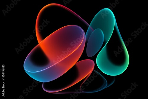 Abstract shapes in vibrant colors, including red, blue, and green, on a black background. Smooth curves and flowing lines