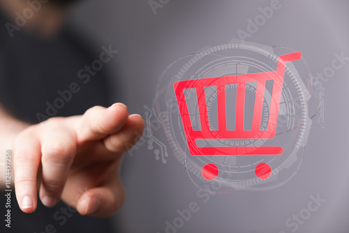 Digital hand touches online...