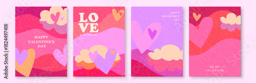 Love vector background, card set. Valentines day pattern for romance banner, poster, print, celebration template, layout. Creative modern illustration with hearts, clouds and waves
