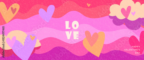 Love vector background. Creative modern illustration with hearts, clouds and waves. Valentines day pattern for romance banner, print, celebration template layout. Love greeting text