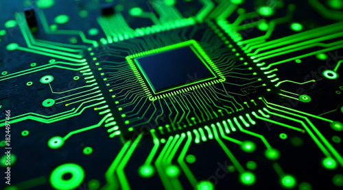 Glowing lime circuit board plate with illuminated electronic pathways and central microchip creating futuristic technology vibe