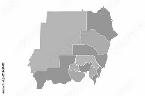 A grayscale political map of Sudan showing its various states and administrative divisions on a white background.