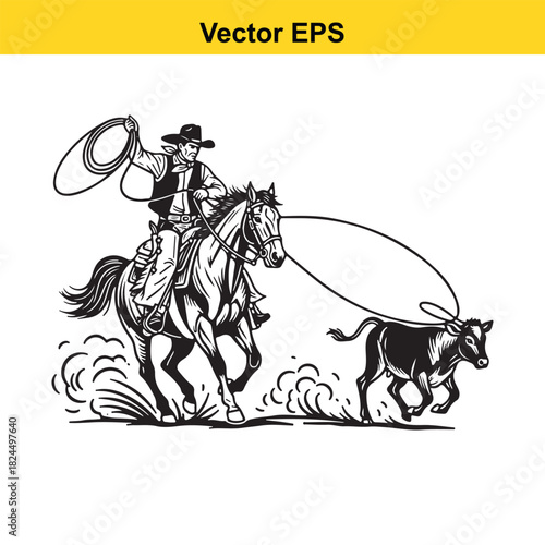 Vintage style vector illustration of cowboy roping a calf on horseback