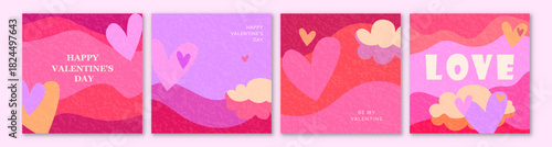 Love vector background, square card set. Valentines day pattern for romance banner, poster, print, celebration template, layout. Creative modern illustration with hearts, clouds and waves