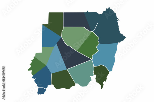 A stylized political map of Sudan showing its states and regions in shades of blue and green.