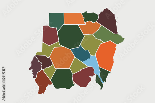 Stylized political map of Sudan showing its administrative divisions and states in different colors.