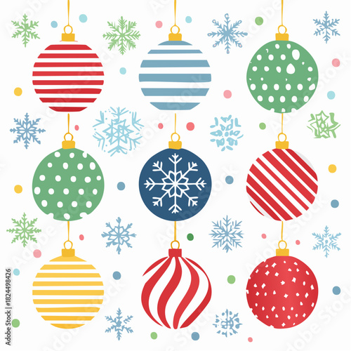 A cheerful assortment of decorated holiday baubles and snowflakes in a festive winter illustration
