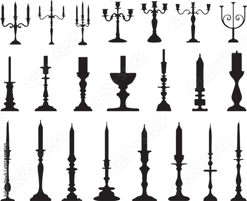 Vintage metal candlestick with a set of candles, plus an antique silhouette of a lamp and chandelier