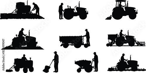 Silhouette of farmers and tractors working in fields, planting crops, modern agriculture, rural farming, harvesting, and cultivating soil machinery.