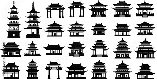architecture, East Asian, silhouette, pagoda, temple, gate, pavilion, traditional, cultural, design, icon, roof, structure, ornamental, historic, black, white, grid, symmetrical, illustration