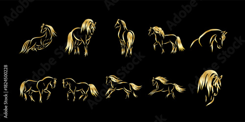Gold Ink Horse Bundle. Lunar Chinese New Year Symbol. Calendar Mascot Vintage Decoration. Wimter Holiday Greeting Card or Party Invitation Art Deco Elegant Horse Silhouette