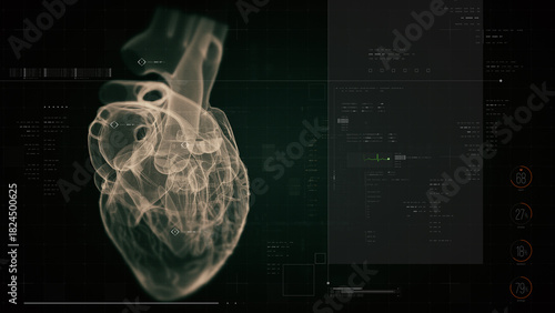 Biotech X-ray scan of human heart with digital HUD interface, cardiac metrics, and futuristic diagnostic overlays, creating a high-tech medical and anatomy visualization