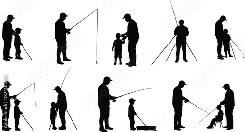 Silhouette of father and son fishing together, family bonding outdoor activity, teaching patience, love, childhood memories, peaceful lakeside recreation.Silhouette of father and son fishing 