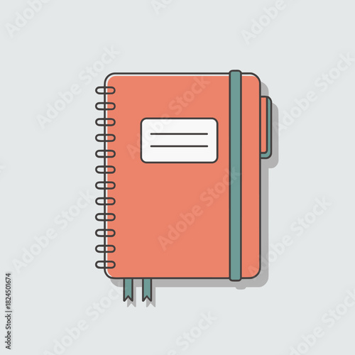 Stylish Flat Vector Illustration of a Spiral Notebook with Elastic Closure and Page Marker Ribbons for Design Projects