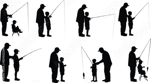 Silhouette of father teaching son fishing, family bonding activity, outdoor leisure, parenting love, childhood memories, calm peaceful lakeside moment.