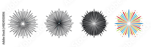 Set of four firework burst icons showing different graphic styles including line art, a solid silhouette, and a colorful festive version for celebration and holiday design