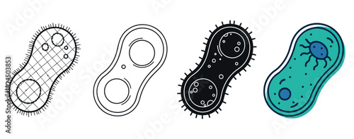 Four microbe icon illustrations in different styles showing a paramecium protozoan with cilia, including line art, silhouette, and a colorful flat design for science concepts