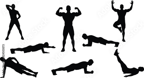Black Silhouette Vector Set of Men Bodybuilders Training, Performing Plank Exercises, Crunches, and Flexing Muscles, Illustrating Fitness, Strength, 