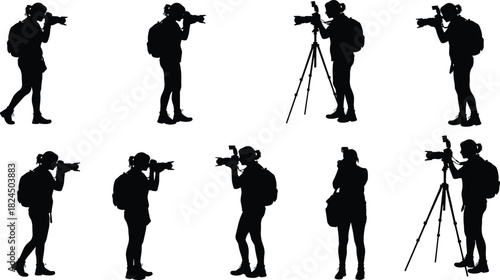 Silhouette of female photographers with cameras and tripods, professional photography, outdoor photo session, creative shooting, travel photography, artistic concept.