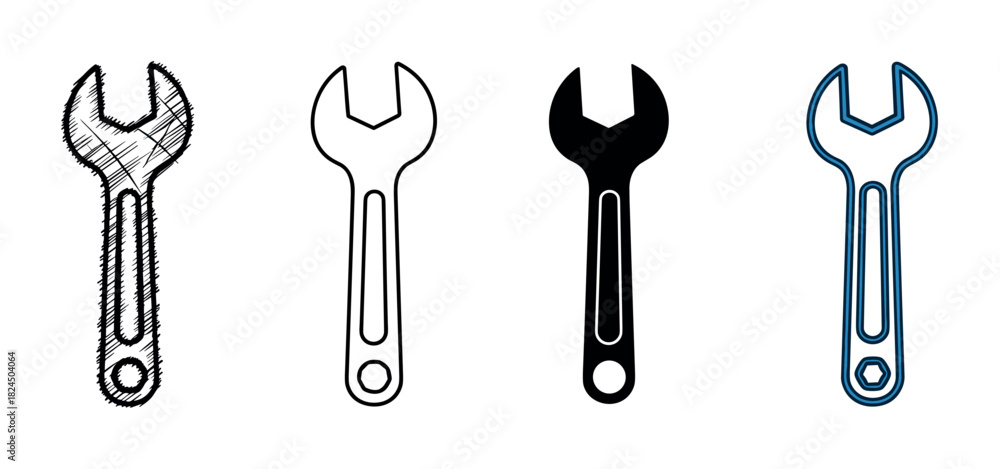 custom made wallpaper toronto digitalFour open-end wrench spanner tool icons in a set showing different graphic design styles including a hand-drawn sketch, a simple outline, a black silhouette, and a blue version