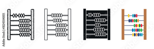 Set of four abacus icons showing different design styles including a hand-drawn sketch, clean line art, a solid black silhouette, and a colorful flat vector illustration