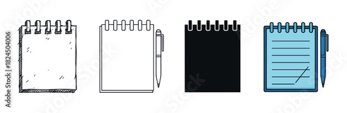 Set of four spiral notebook icons presented in various artistic styles including a hand-drawn sketch, a clean line art drawing, a solid black silhouette, and a blue flat color version