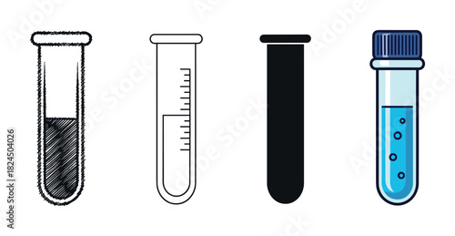 Collection of four test tube icons in various styles including a hand-drawn sketch, line art with measurements, a solid black silhouette, and a colorful cartoon vial