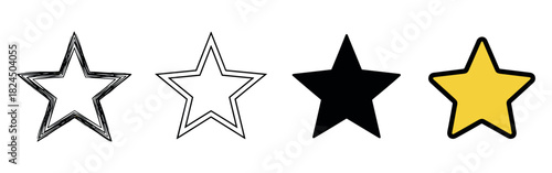 Set of four different star icons showing various design styles including a hand-drawn scribble, a clean outline, a solid black silhouette, and a yellow colored rating symbol