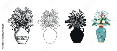Set of four winter bouquets in vases with pinecones and holly, presented in various artistic styles including detailed sketch, simple outline, black silhouette, and flat color vector