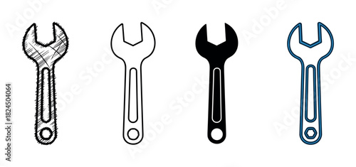 Four open-end wrench spanner tool icons in a set showing different graphic design styles including a hand-drawn sketch, a simple outline, a black silhouette, and a blue version
