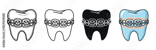 Tooth with orthodontic braces shown in four different illustration styles, including a detailed sketch, clean line art, a black silhouette, and a colorful cartoon graphic