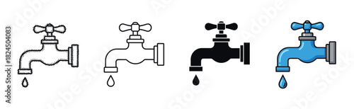 Set of water faucet icons in various styles including sketch, line art, silhouette, and color, each with a single dripping water drop for plumbing or conservation concepts