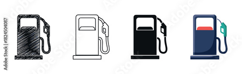 Collection of four gas pump icons shown in different graphic styles, including a hand-drawn sketch, a clean outline, a solid black silhouette, and a modern flat color version