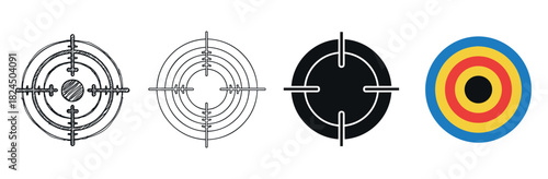 Set of four target and crosshair icons in various styles, including a hand-drawn sketch, a clean outline, a solid black glyph, and a colorful classic archery bullseye illustration