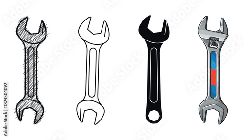 Set of four different wrenches illustrated in various artistic styles including sketch, outline, silhouette, and a detailed color cartoon for repair and maintenance concepts