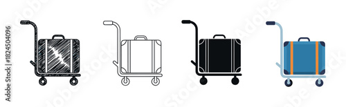 Set of four luggage cart icons with a suitcase in different graphic styles including sketch, outline, silhouette, and flat color, representing travel and transportation