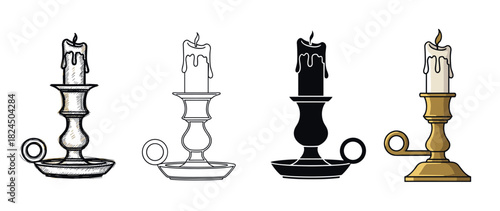 Set of four vintage candlestick holders with melting candles presented in different artistic styles, including sketch, outline, silhouette, and full color illustration