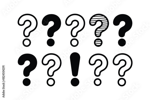 Collection of question marks and exclamation mark in black and white