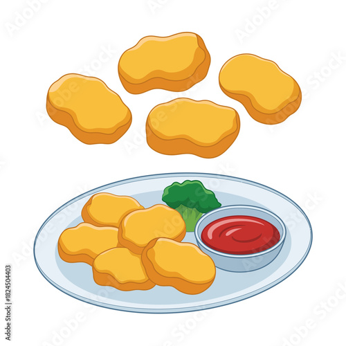 Golden crispy fried chicken nuggets with dip and broccoli plate