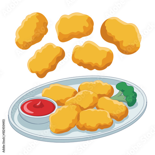 Golden chicken nuggets on plate with ketchup and broccoli art