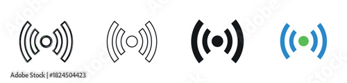 Collection of wireless signal icons in various styles including outline, solid fill, and color, representing concepts of connectivity, radio waves, and network hotspots