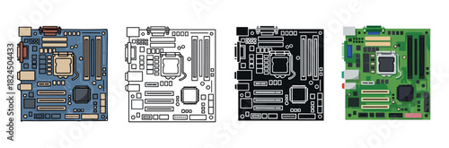 Set of four computer motherboard illustrations in various artistic styles including color cartoon, line art, negative silhouette, and flat vector design for technology concepts