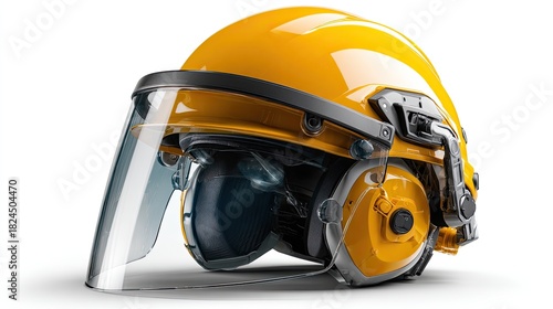 Protective Safety Gear: A close-up shot of a bright yellow construction helmet, complete with a clear visor and integrated ear protection. Emphasizing safety and workplace preparedness.