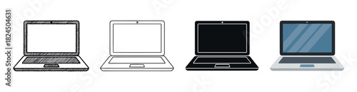 Set of four laptop computer icons showing different artistic styles including a hand-drawn sketch, a simple outline, a solid black silhouette, and a modern flat color design