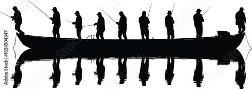Silhouette of fishermen on boat, calm lake reflection, peaceful fishing scene, outdoor adventure, teamwork, nature harmony, sunrise water leisure activity