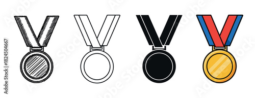 Set of four award medals with ribbons in different artistic styles, including a hand-drawn sketch, a clean outline, a solid black silhouette, and a full-color gold illustration