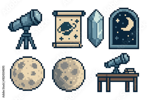 Collection of retro 8-bit pixel art sprites featuring astronomy and fantasy elements like a telescope, moon, crystal, star chart scroll, and a starry night window