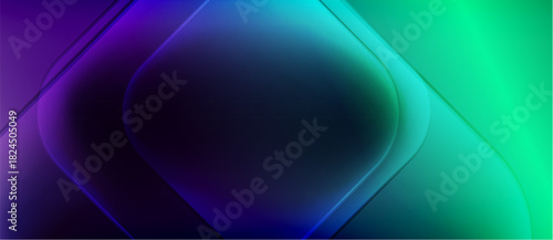 Abstract gradients blend purple, teal, green. Rounded squares overlap creating depth, smooth transitions. Dark background emphasizes vibrant colors.